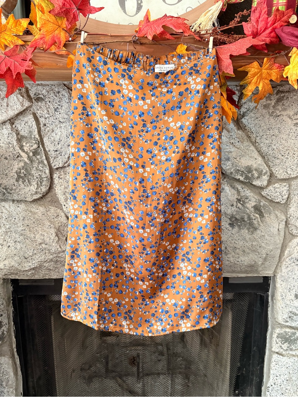 Dress Forum Rust Floral Midi Skirt with Blue & White Flowers